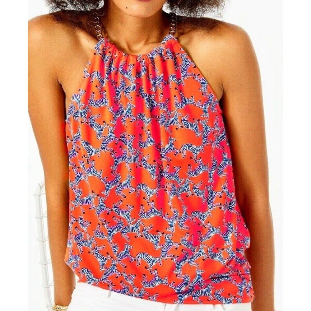 Lilly Pulitzer Bowen Halter Top XL NWT Picante Coral Heebee Zeebees Gold Chain